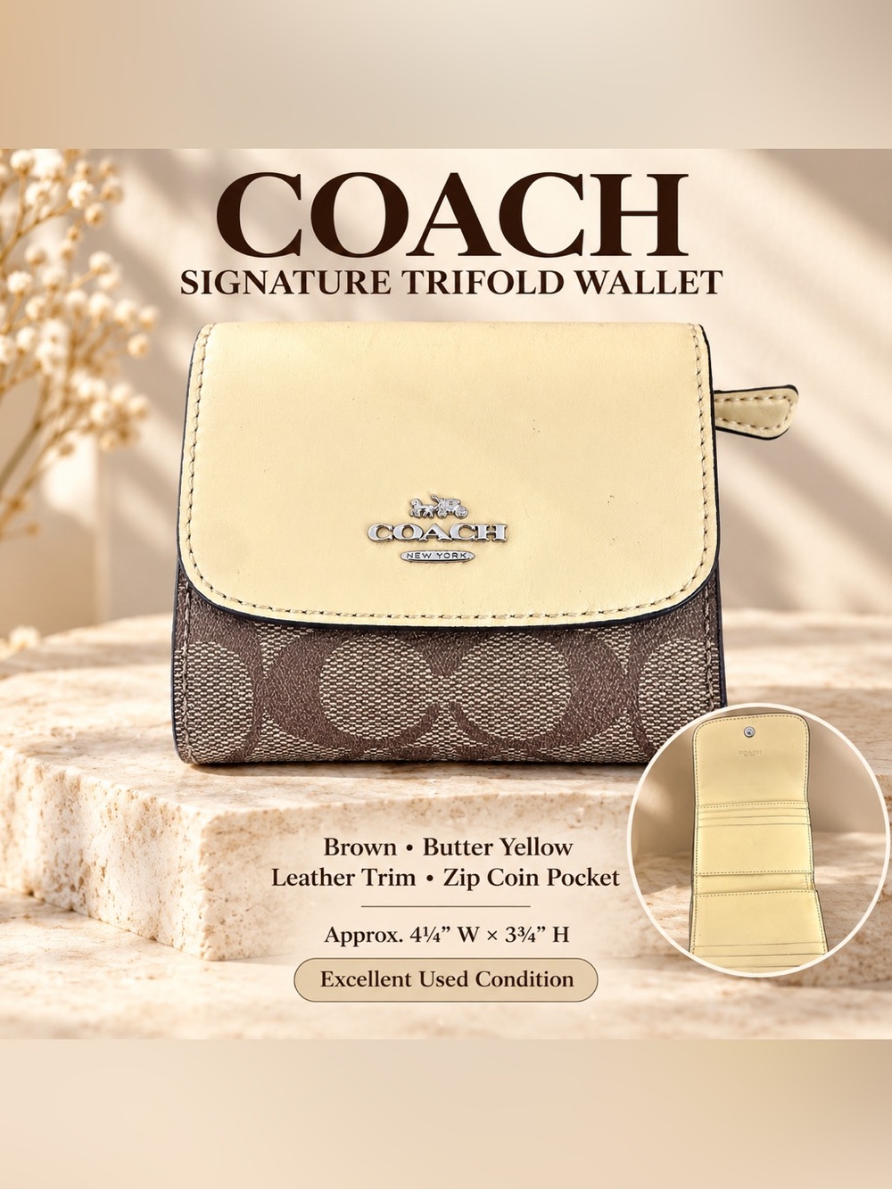 COACH Signature C Brown Butter Yellow Leather Small Trifold Wallet EUC